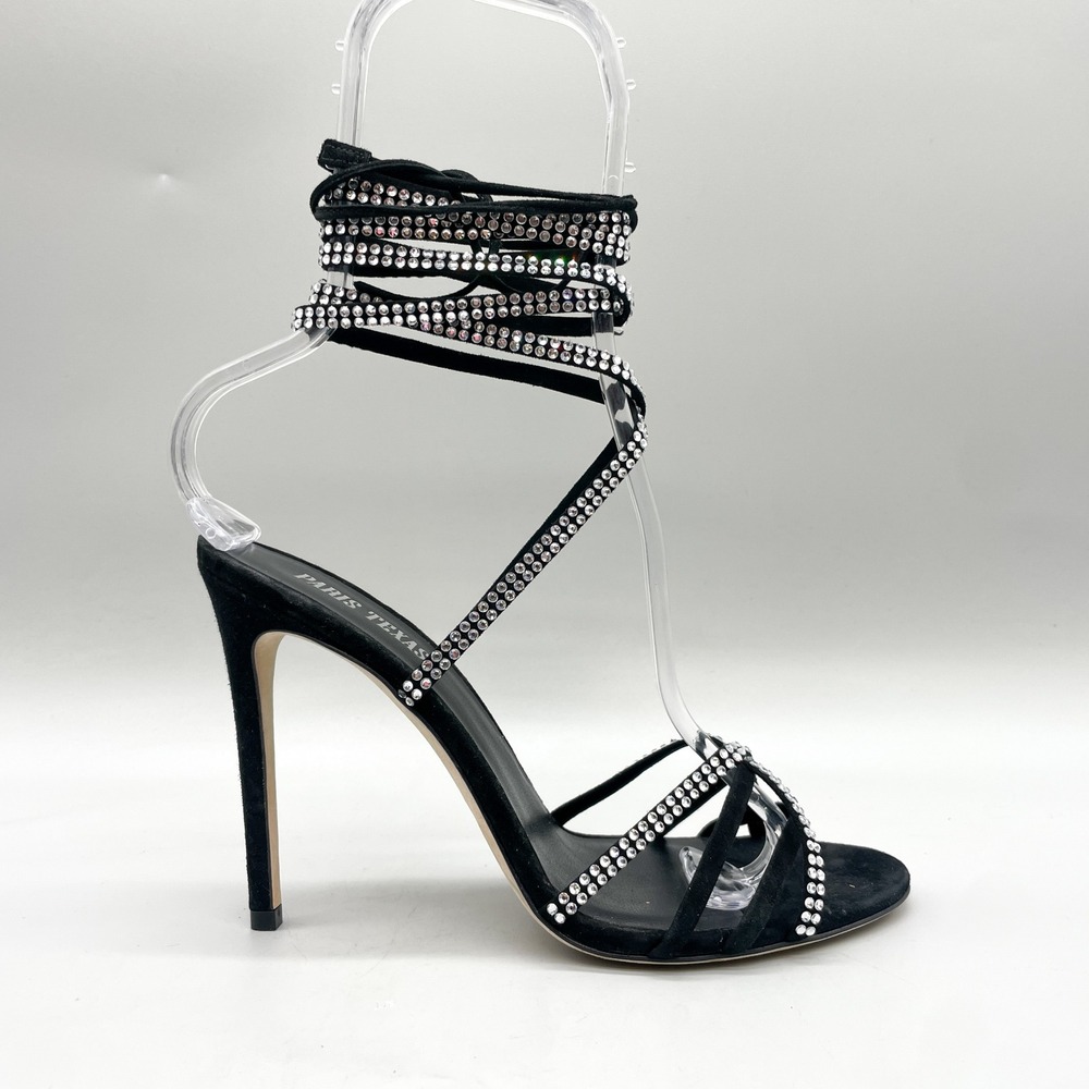 Paris Texas Womens 38 Holly Nicole Crystal Lace Up Stiletto Sandals Black Suede